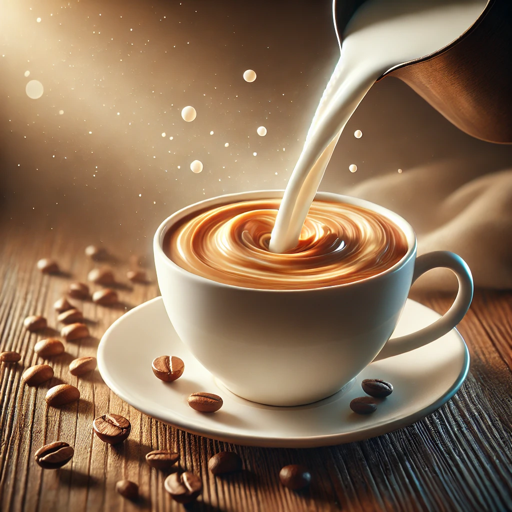 DALL·E 2024-09-27 03.21.44 - A realistic, high-quality image of a cup of coffee with milk being poured into it, creating a beautiful swirl pattern. The coffee cup should be placed